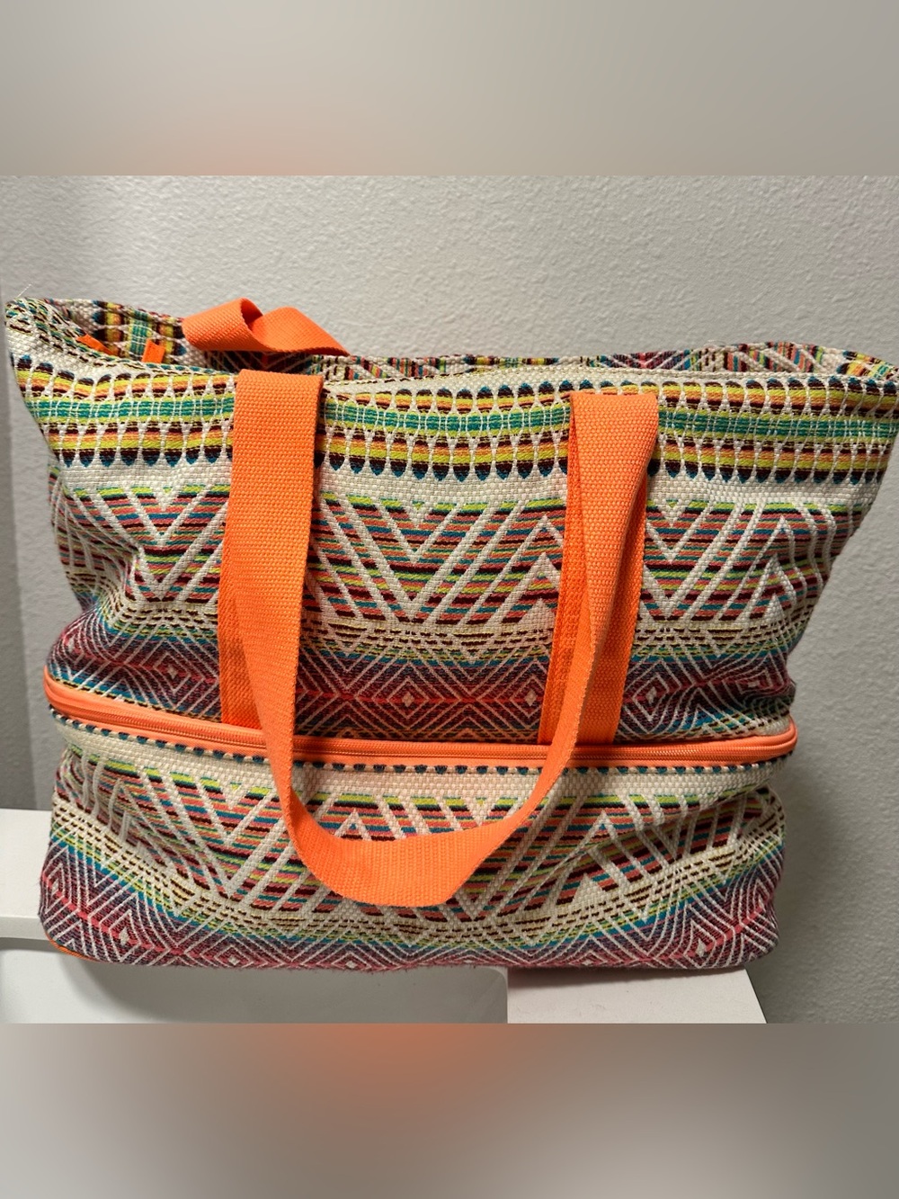 Women’s Multicolor Patterned Tote Bag with Orange Handles